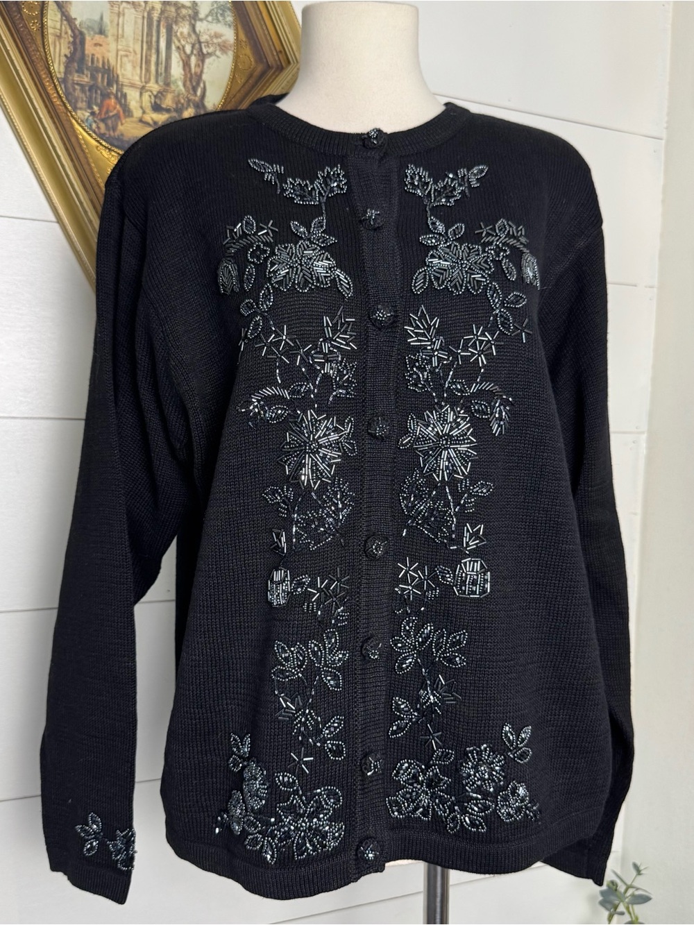 Women’s Vintage Victoria Jones Black & Silver Beaded Sweater Medium Embellished